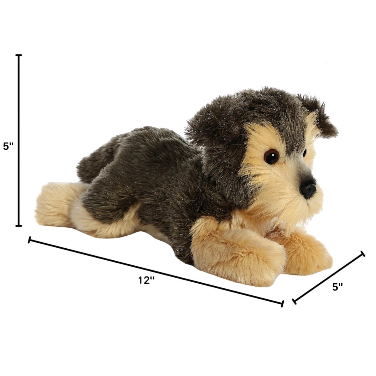 Angled side profile of the Aurora Flopsie Yorkie plush with dimension lines indicating its 12-inch length.