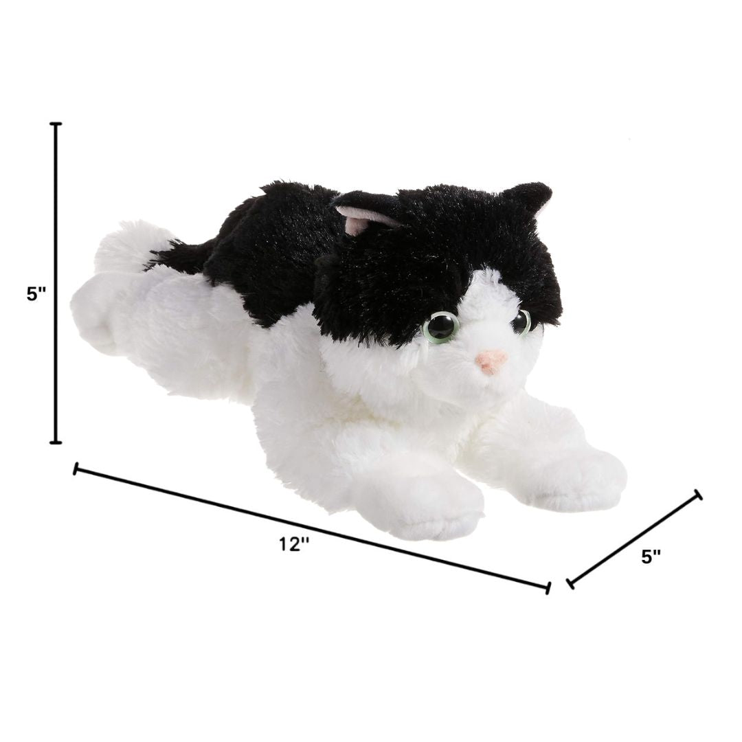 Angled side profile of the Oreo Cat plush resting on her tummy with measurement graphics indicating she is 12 inches long.