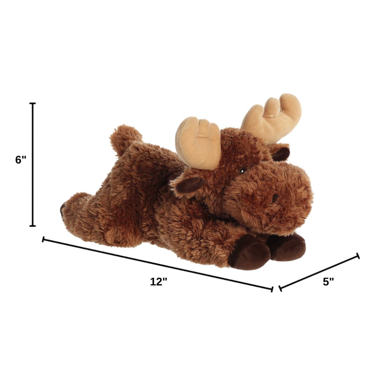 Angled side profile of the Aurora Flopsie moose plush with dimension lines indicating its 12-inch length.