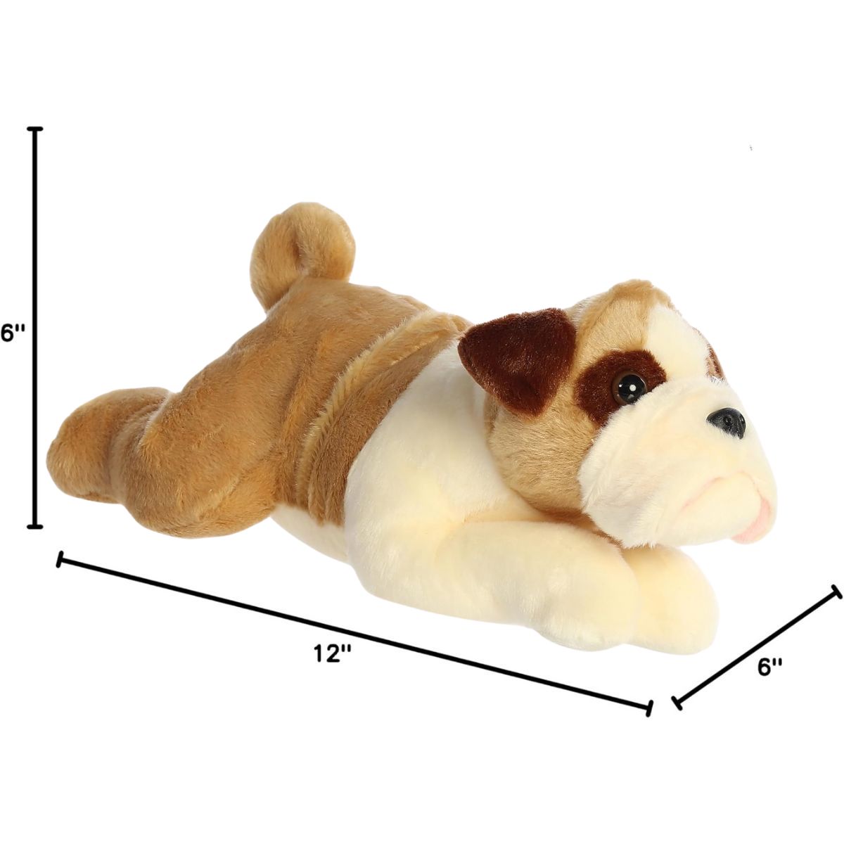 Angled side profile of the Aurora Flopsie Bulldog dog plush with dimension lines indicating its 12-inch length.