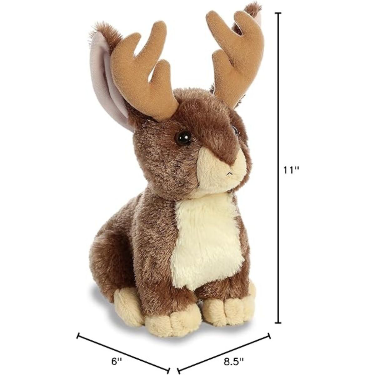 Angled front view of the Jack-A-Lope plush sitting upright with measurement graphics indicating it is 11 inches tall, 6 inches wide, and 8.5 inches deep.