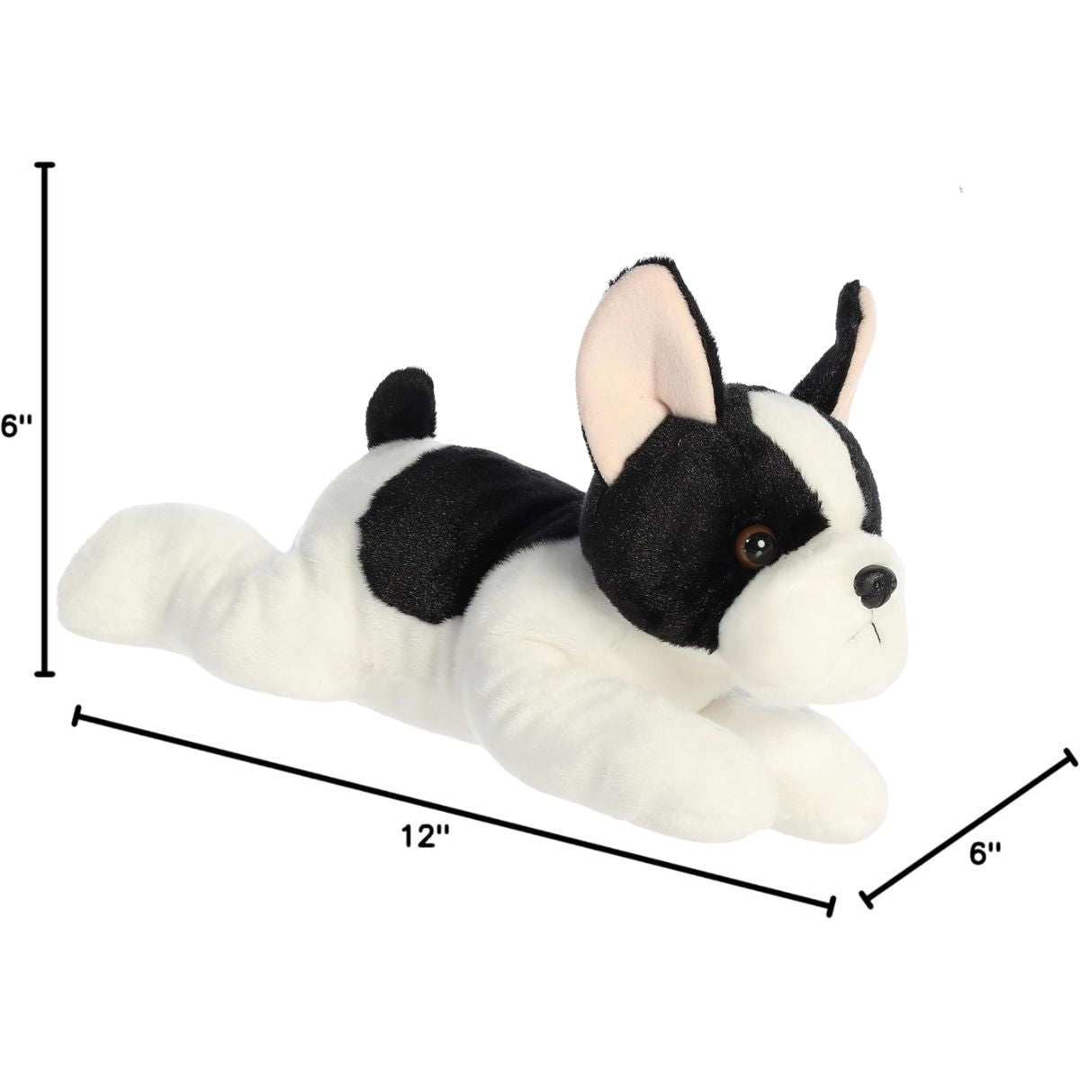 Angled side profile of the Aurora Flopsie French Bulldog plush with dimension lines indicating its 12-inch length.