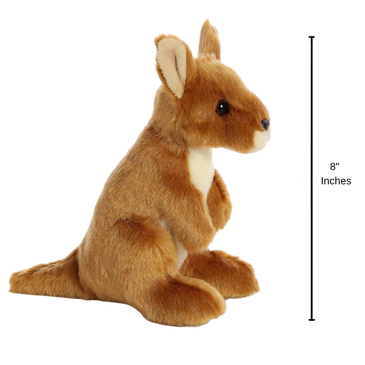 Full side profile of the brown kangaroo plush sitting upright with a dimension line indicating its 8-inch height.