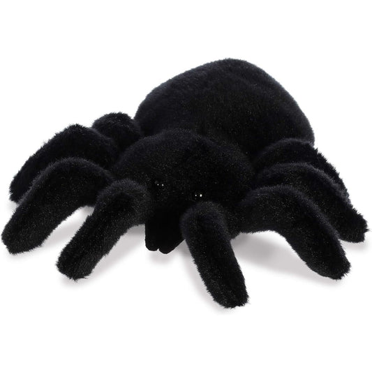 Front angled view of the adorable Aurora Tod Tarantula stuffed animal featuring its velvety black fur and outstretched front legs.