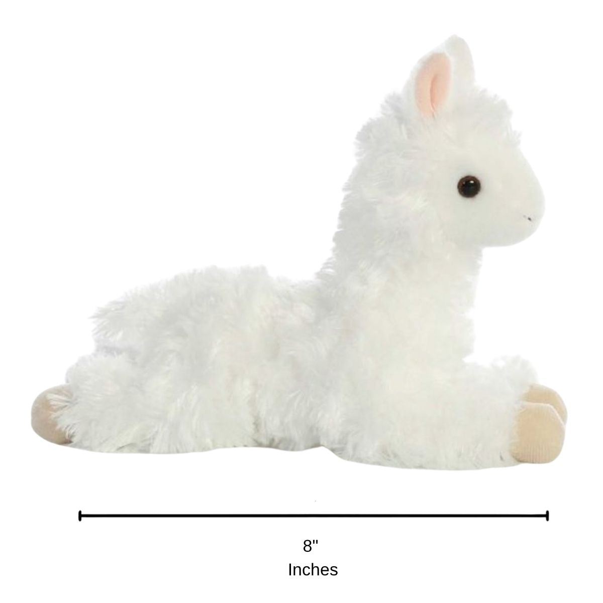 Full side profile of the white alpaca plush with a dimension line indicating its 8-inch length.