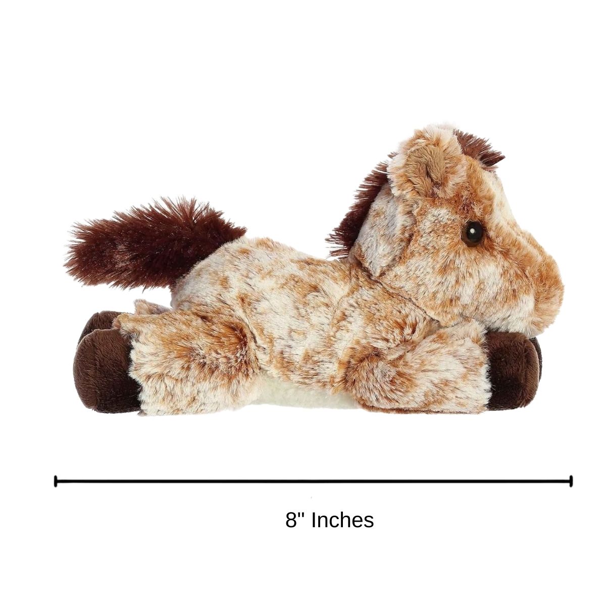 Dimension graphic showing the Aurora Mini Flopsie Mocha Horse lying down with a measurement line indicating it is 8 inches long.