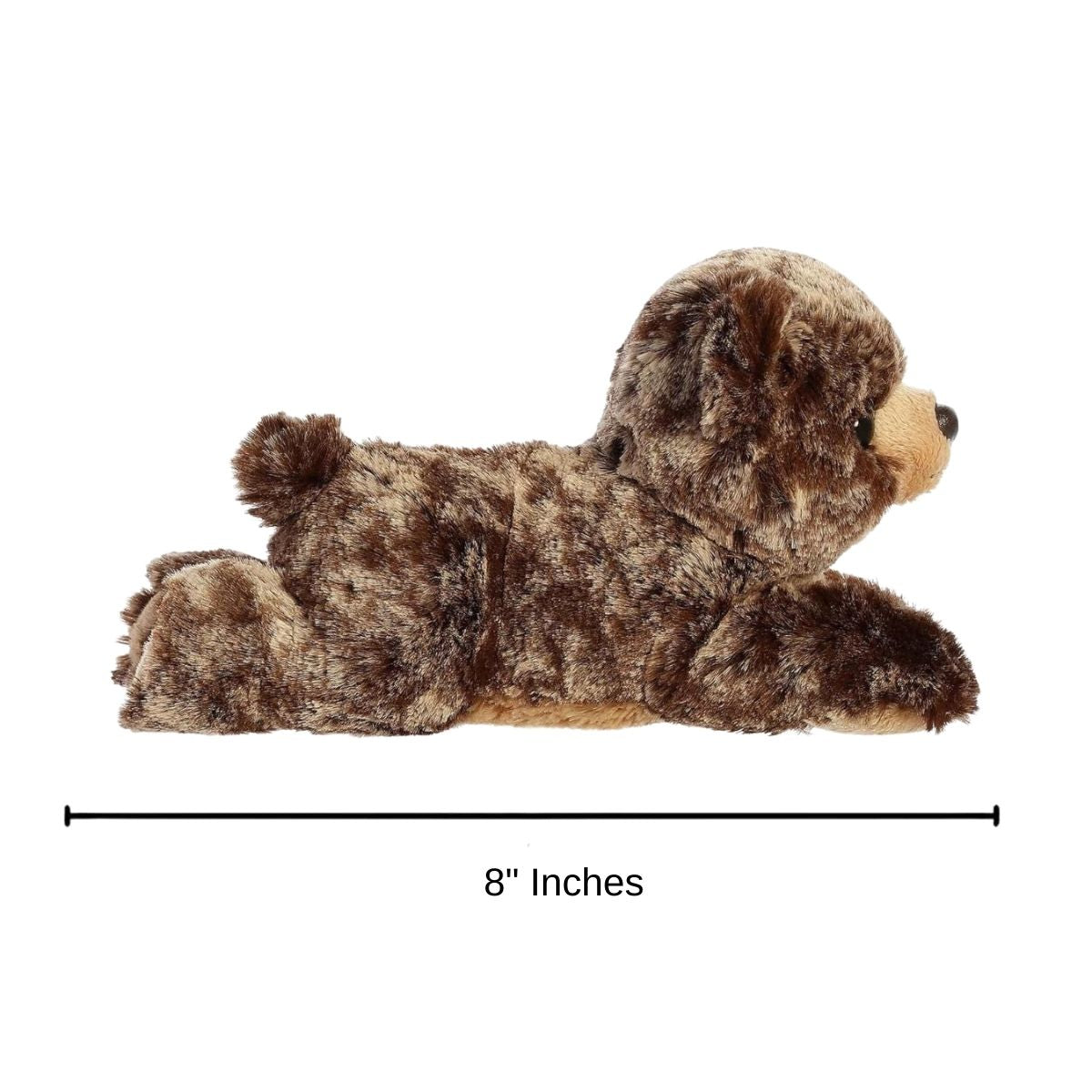 Dimension graphic showing the Aurora Mini Flopsie Brownie Bear lying down with a measurement line indicating it is 8 inches long.