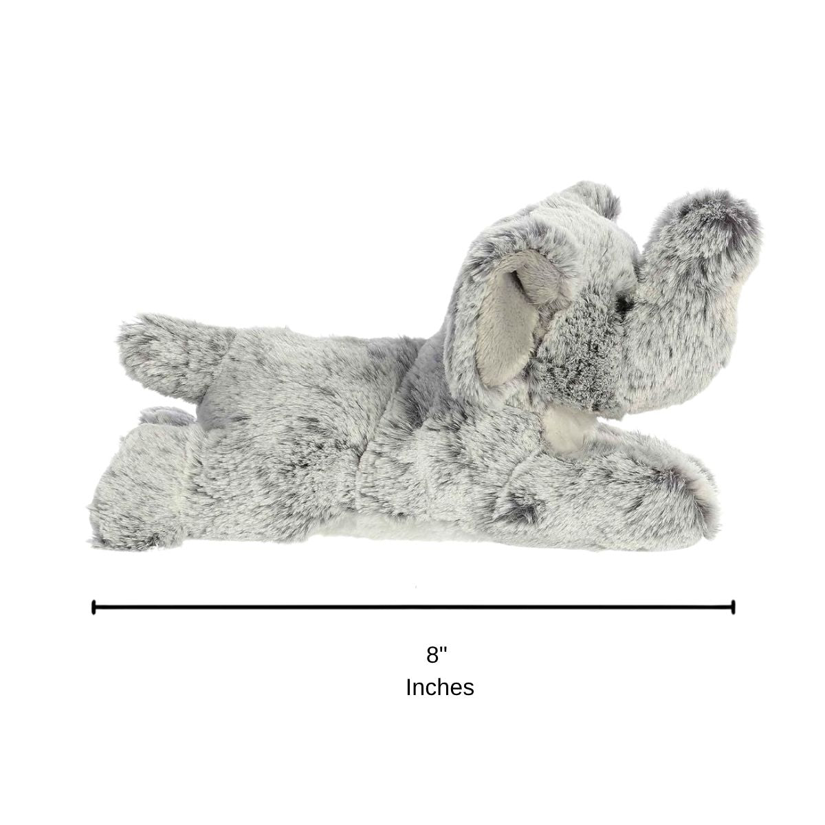 Full side profile view of the resting grey elephant plush with a dimension line indicating its 8-inch length.