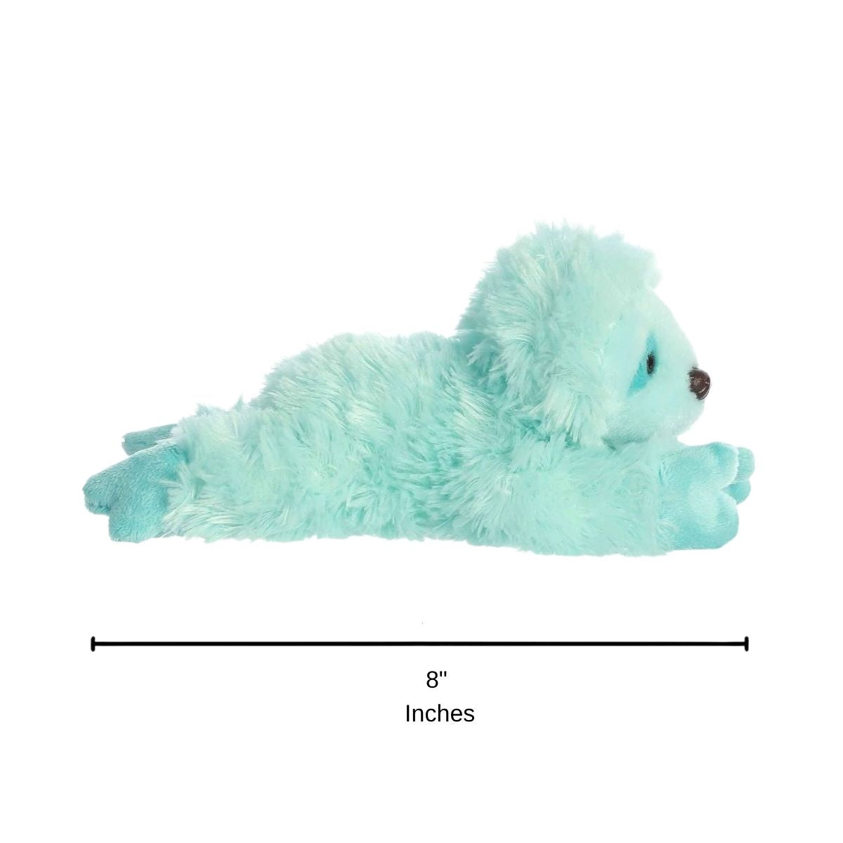 Full side profile of the mint-green sloth plush with a dimension line indicating its 8-inch length.