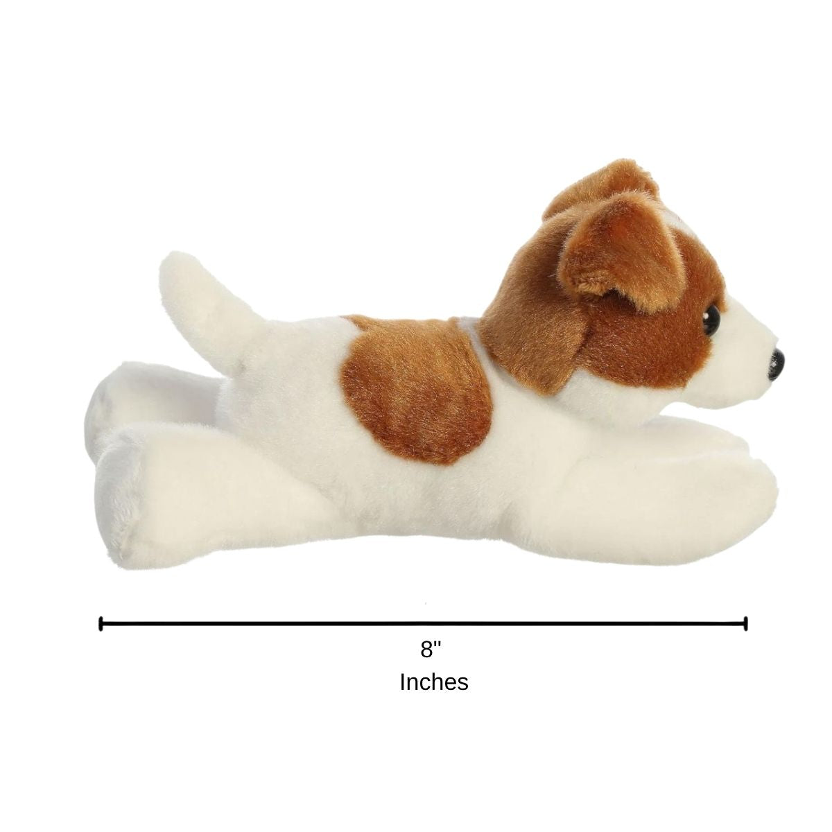 Full side profile of the brown and white terrier plush with a dimension line indicating its 8-inch length.