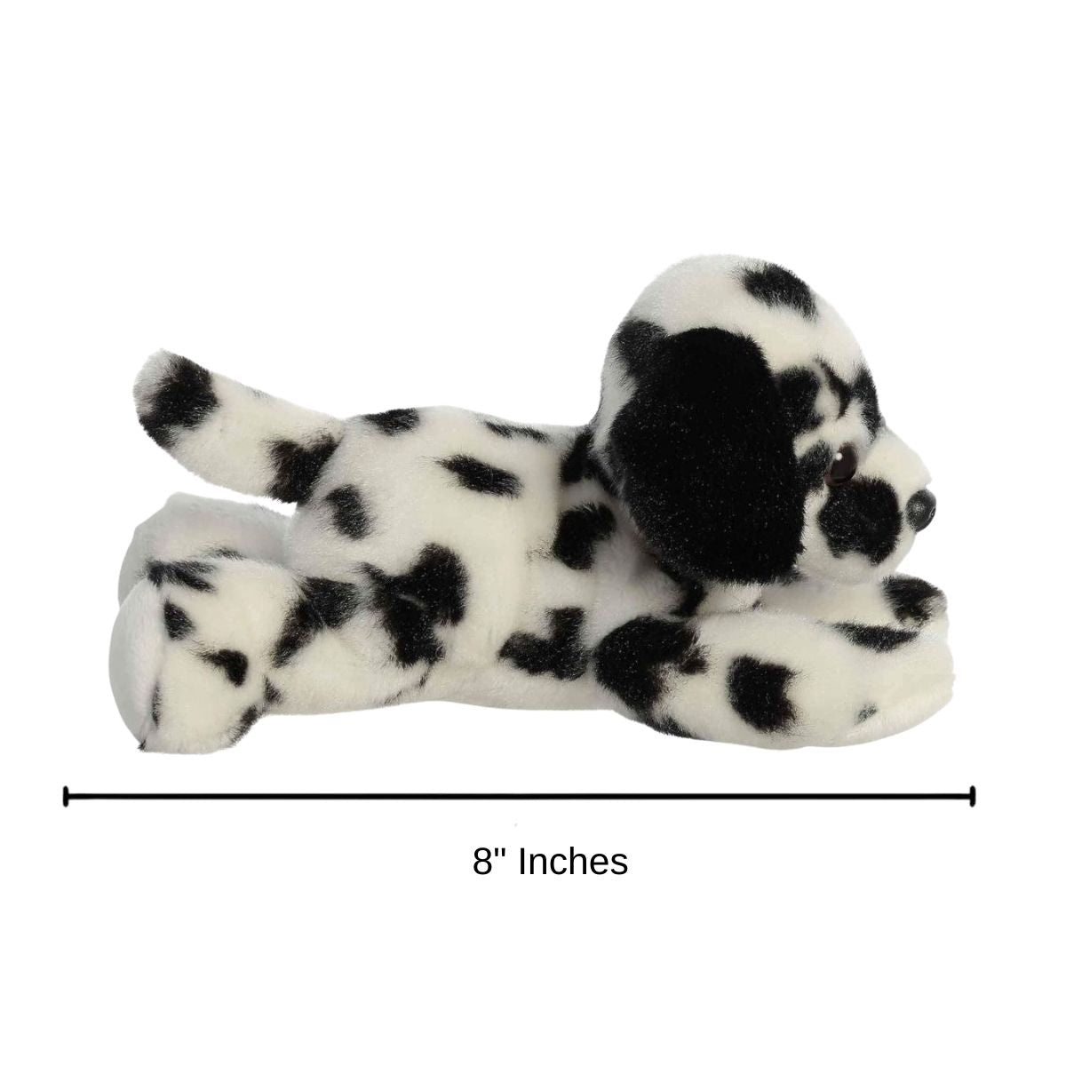 Dimension graphic showing the Aurora Mini Flopsie Dipper Dalmatian lying down with a measurement line indicating it is 8 inches long.
