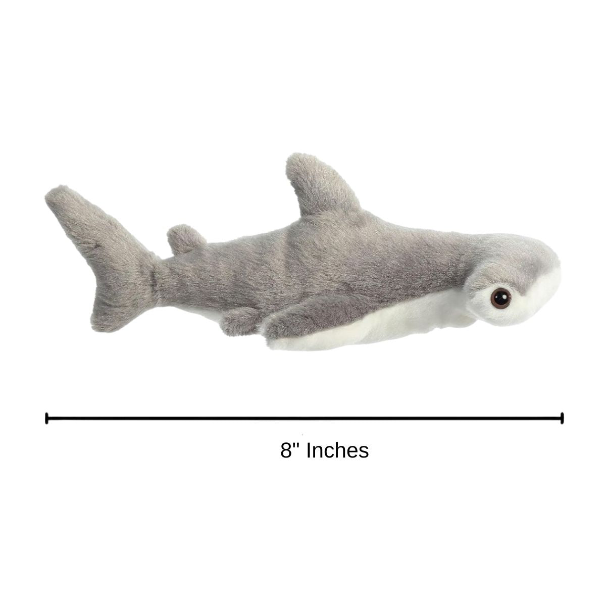 Dimension graphic showing the Aurora Mini Flopsie Hamlet Shark with a measurement line indicating it is 8 inches long.