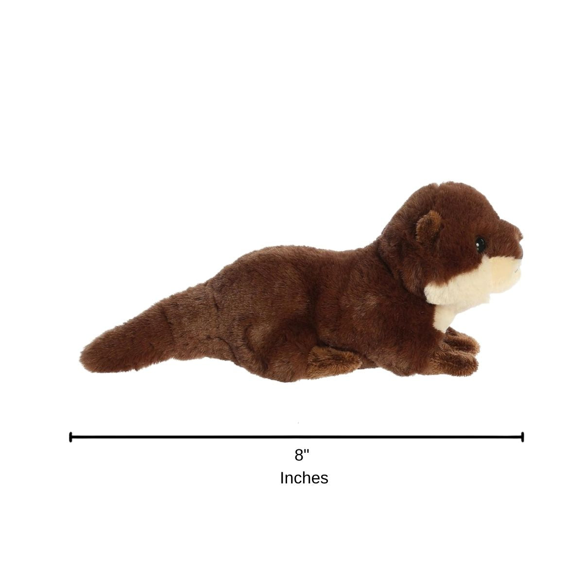 Full side profile of the River Otter Pup plush with a dimension line indicating its 8-inch length.