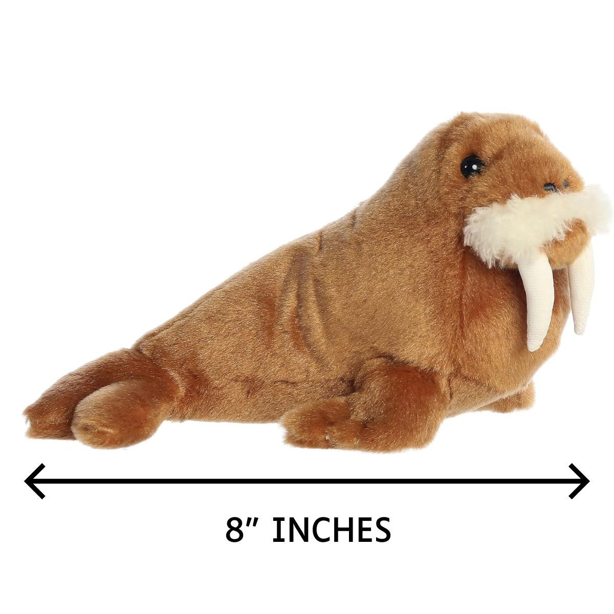 Side profile view of the Aurora Mini Flopsie Wallace Walrus plush with a measurement graphic indicating it is 8 inches long.