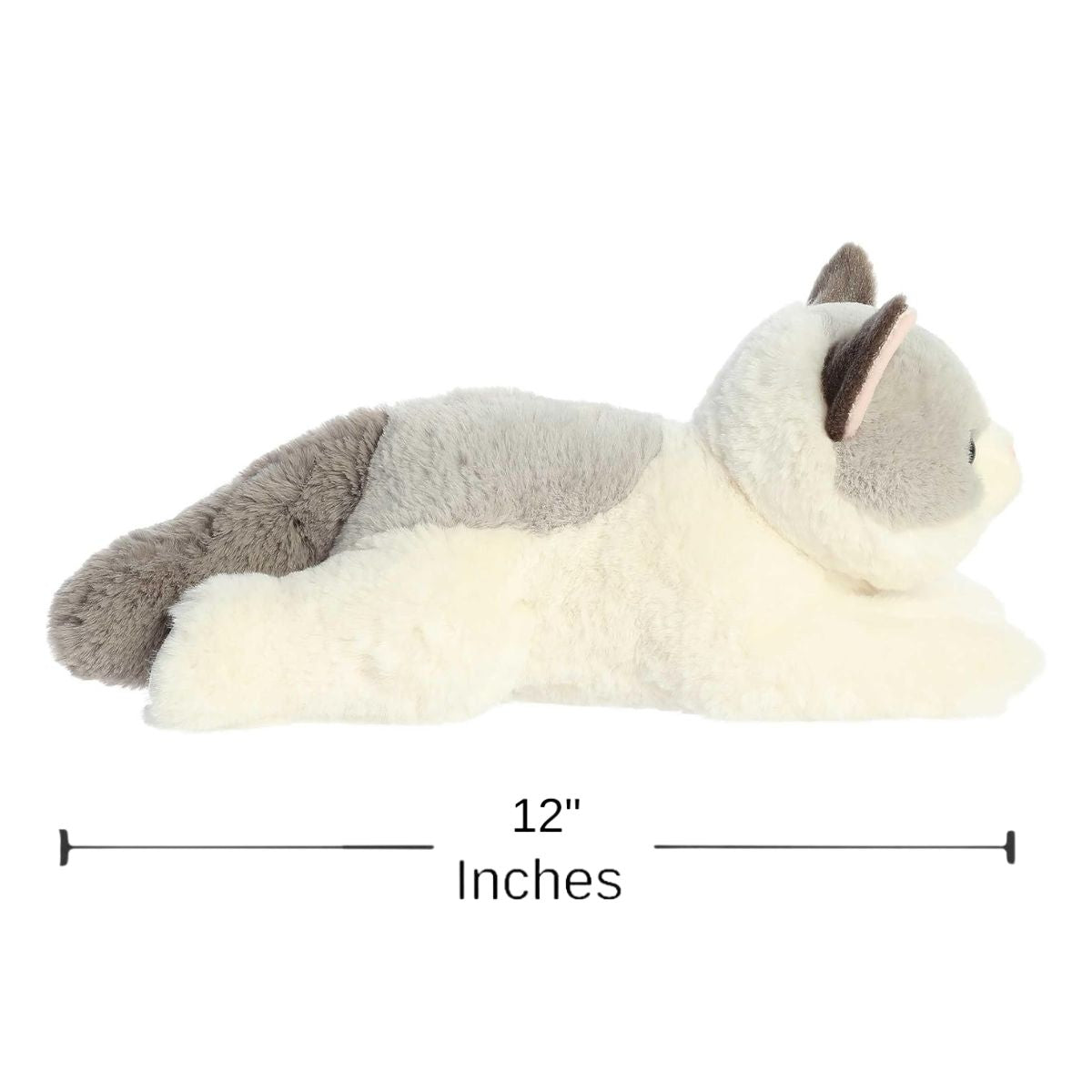 Dimension graphic showing the Aurora Flopsie Nico Ragdoll Cat lying down with a measurement line indicating it is 12 inches long.