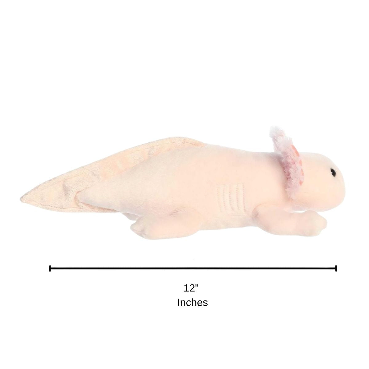Side profile of the Aurora Flopsie axolotl plush with a dimension line indicating its 12-inch length.
