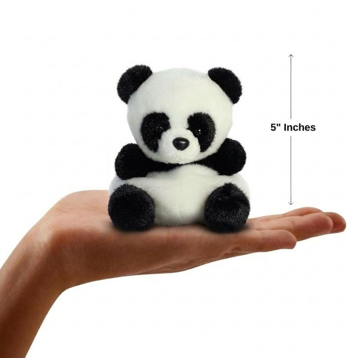 The miniature Bamboo Panda plush sitting balanced in an open human hand under a 5-inch height graphic indicator.
