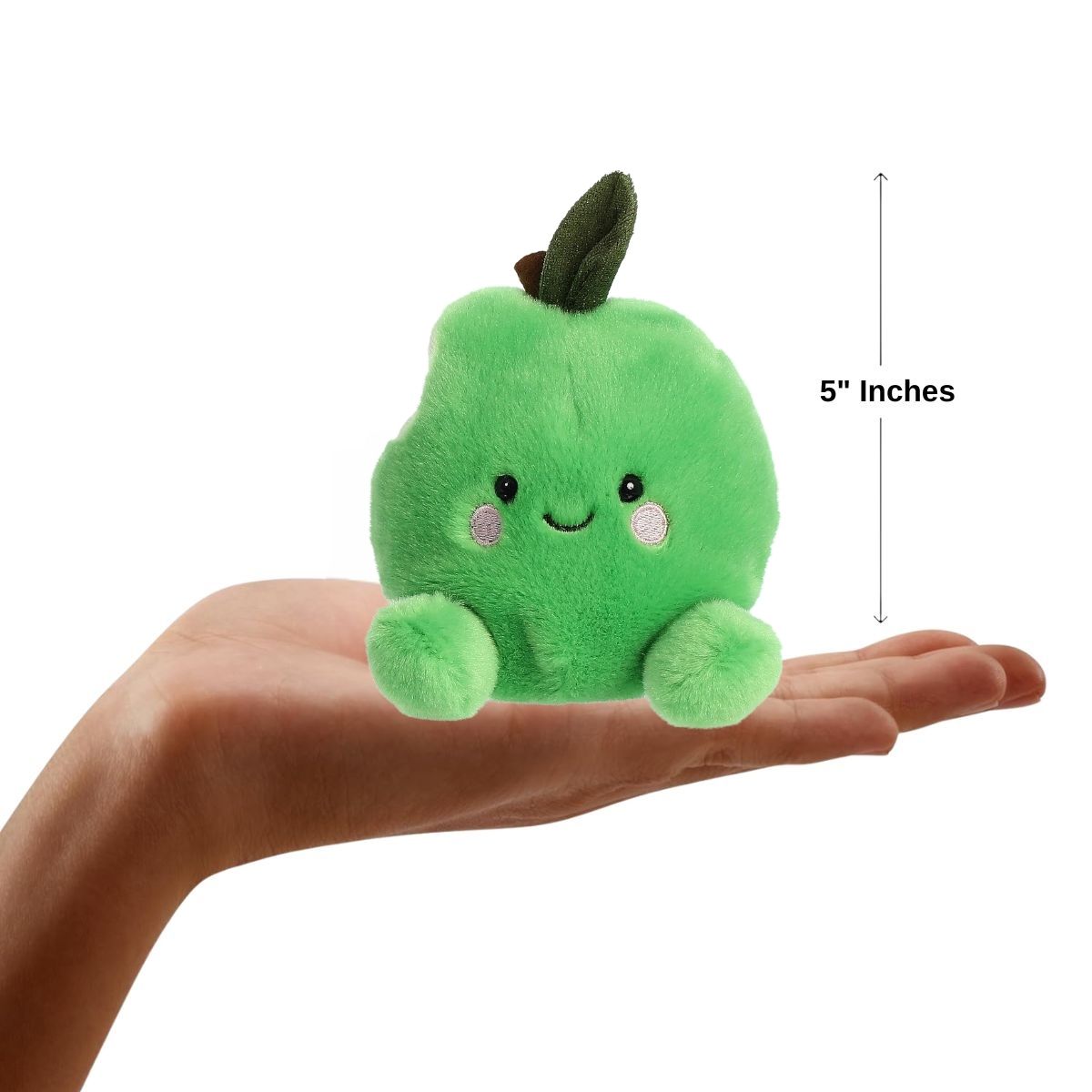 The miniature Jolly Green Apple plush sitting balanced in an open human hand under a 5-inch height graphic indicator.