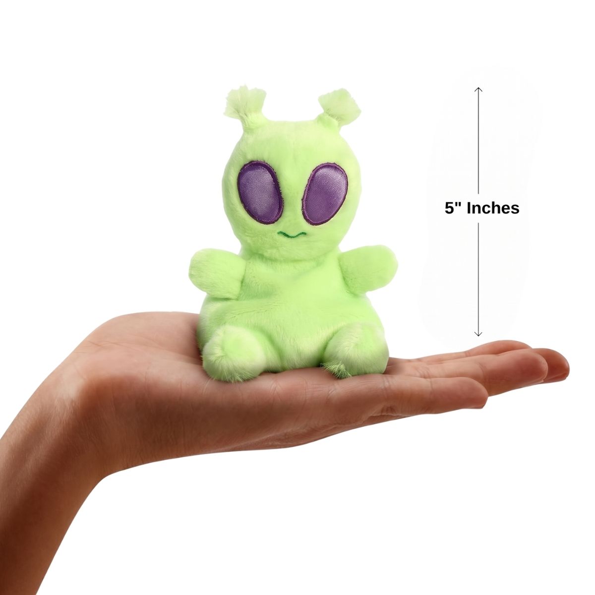 The miniature Ross Alien plush sitting balanced in an open human hand under a 5-inch height graphic indicator.
