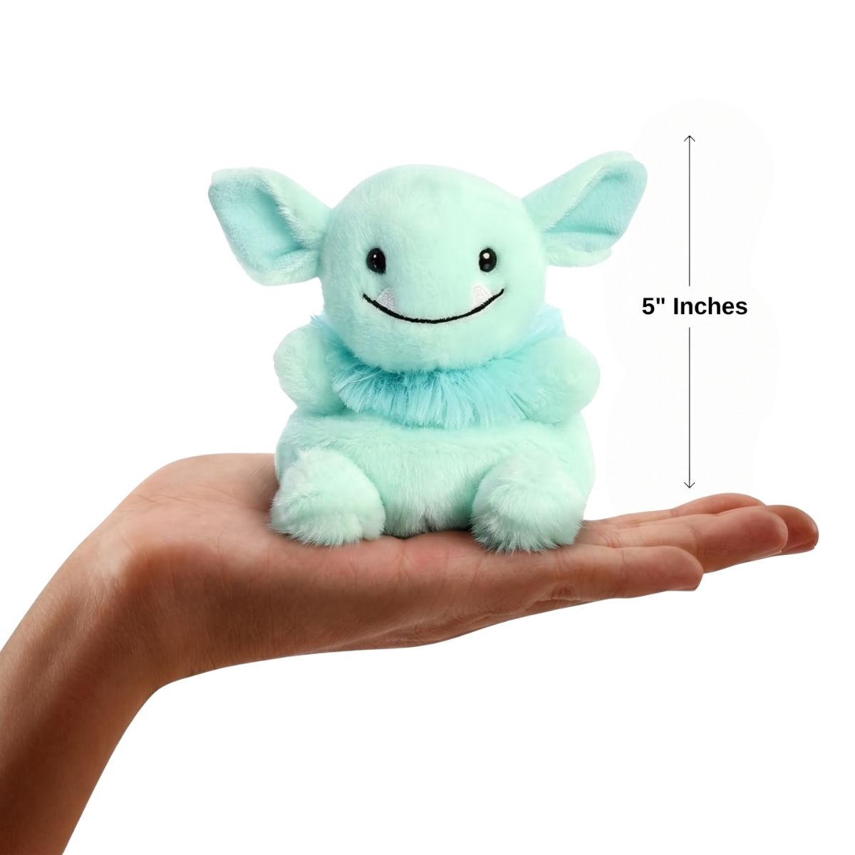 The miniature Gribble Goblin plush sitting balanced in an open human hand under a 5-inch height graphic indicator.