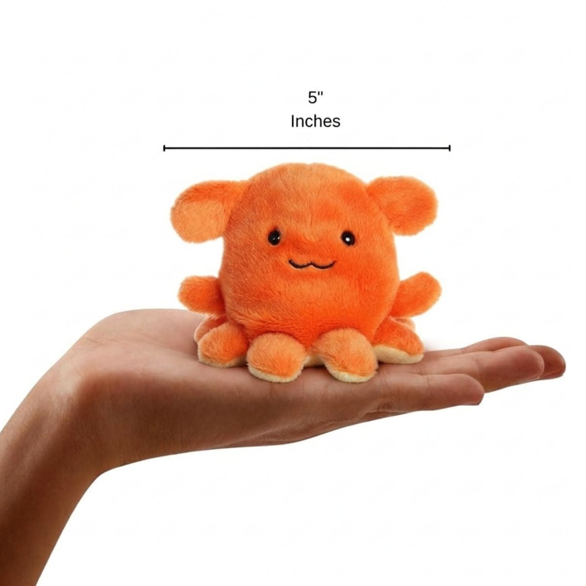 The miniature Ditsy Octopus plush sitting balanced in an open human hand under a 5-inch height graphic indicator.
