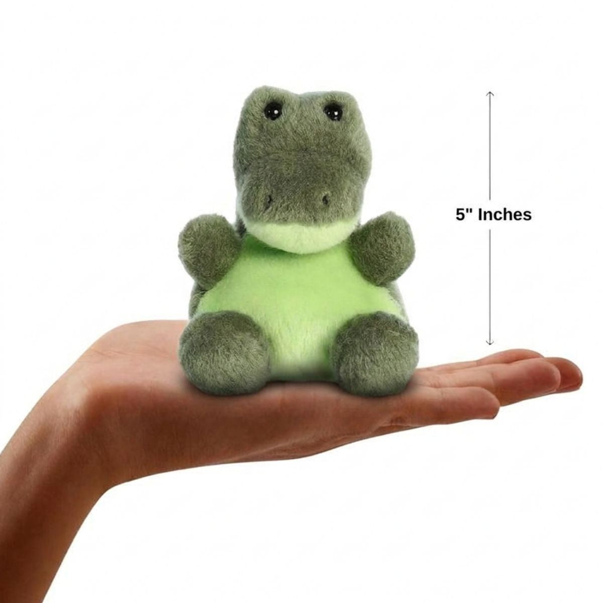 The miniature Scales Alligator plush sitting balanced in an open human hand under a 5-inch height graphic indicator.