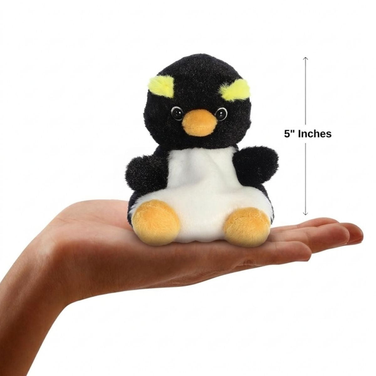 he miniature Rocco Rockhopper Penguin plush sitting balanced in an open human hand under a 5-inch height graphic indicator.
