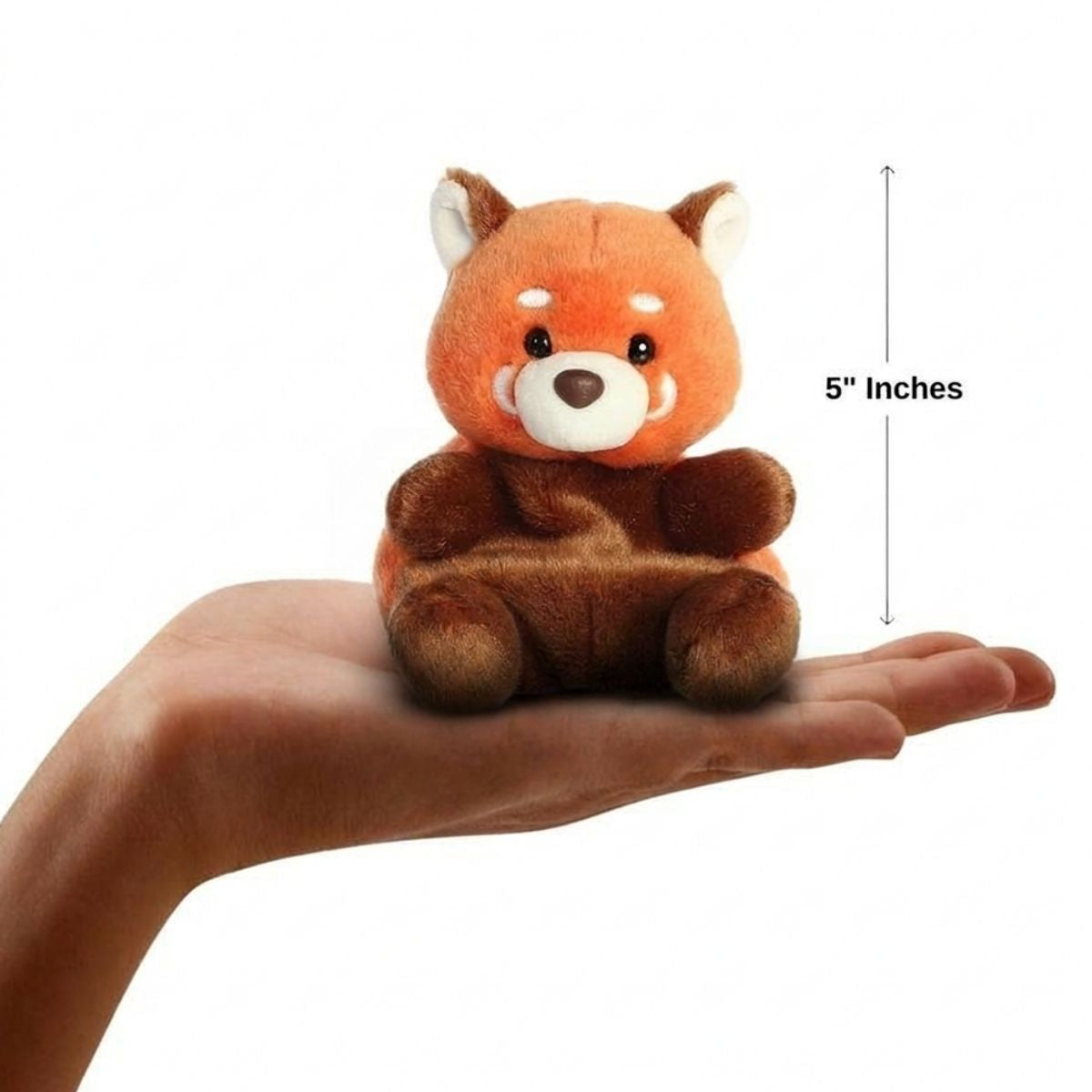 The miniature Rei Red Panda plush sitting balanced in an open human hand under a 5-inch height graphic indicator.