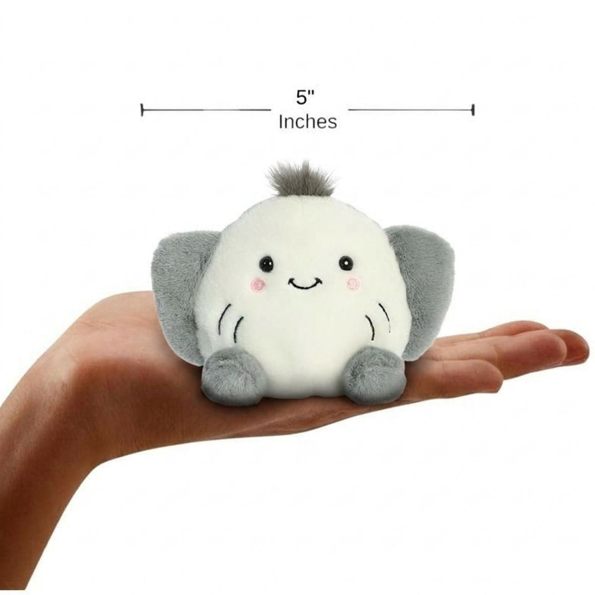 The miniature Flapjack Stingray plush sitting balanced in an open human hand under a 5-inch height graphic indicator.