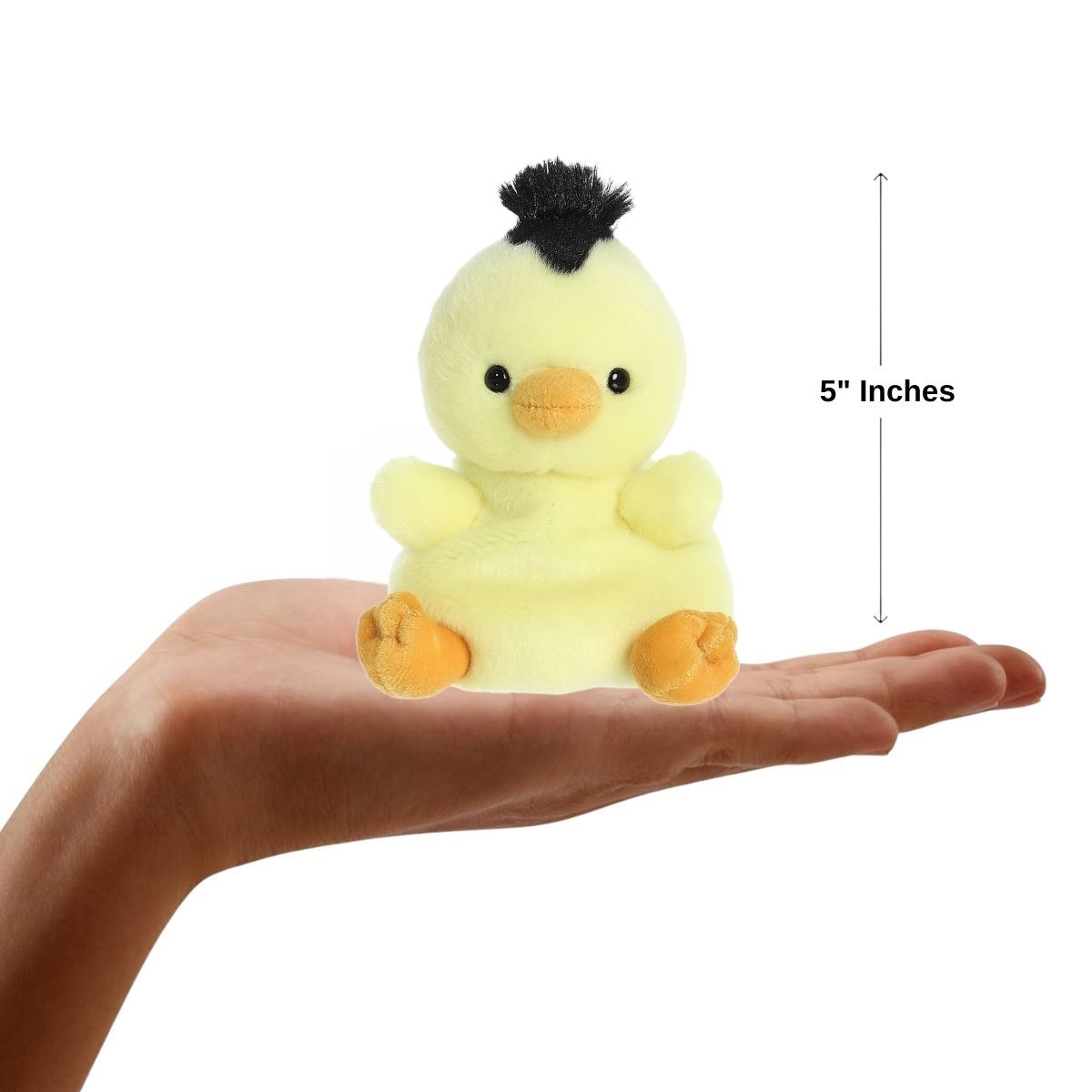 Sizing graphic for the Aurora Palm Pals Benson Striped Chick plush showing it sitting perfectly in the palm of a hand, indicating a total height of 5 inches.