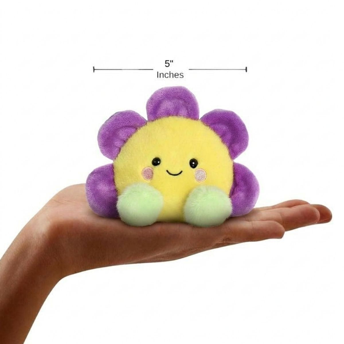 The miniature Fallon Flower plush sitting balanced in an open human hand under a 5-inch height graphic indicator.