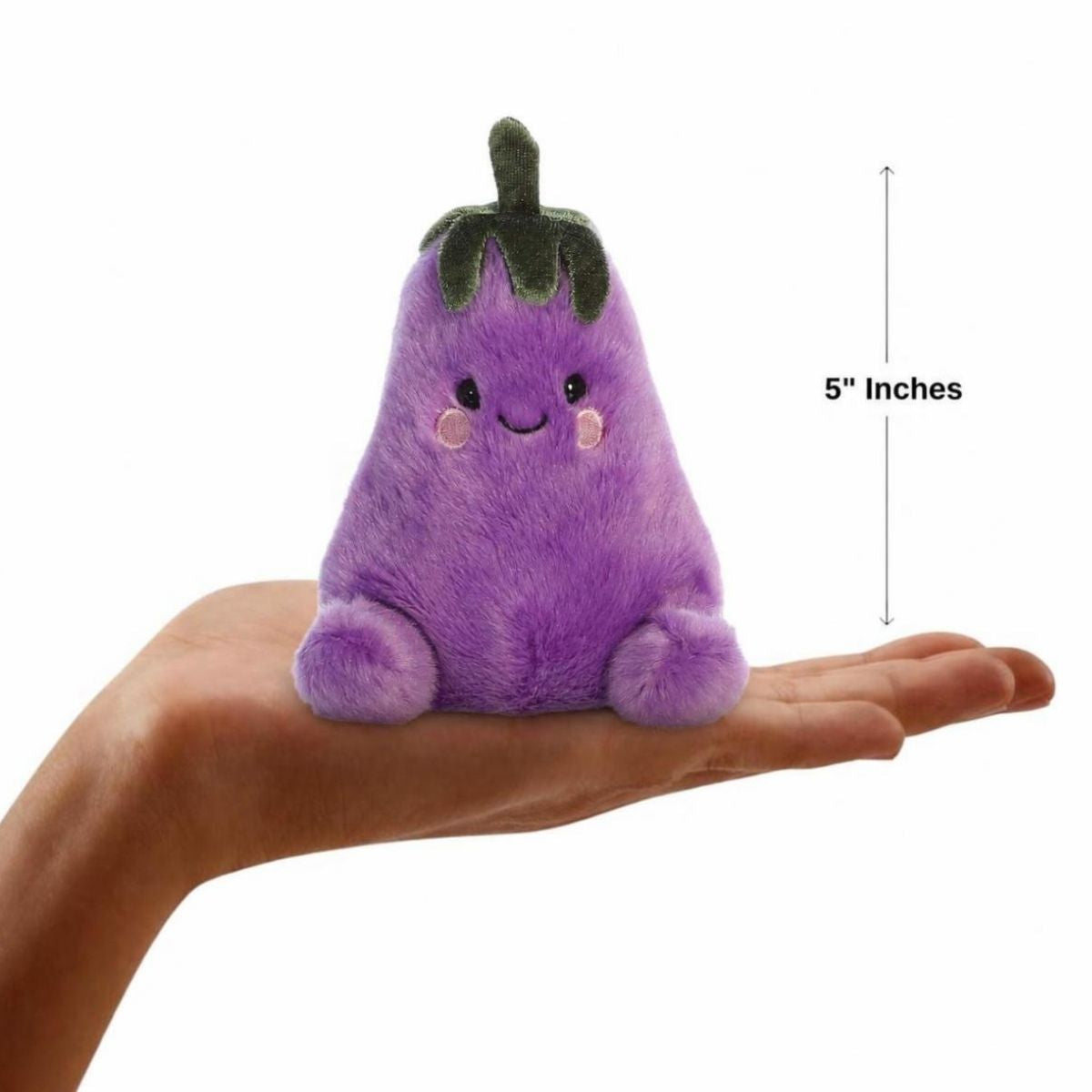 The miniature Aubrey Eggplant plush sitting balanced in an open human hand under a 5-inch height graphic indicator.