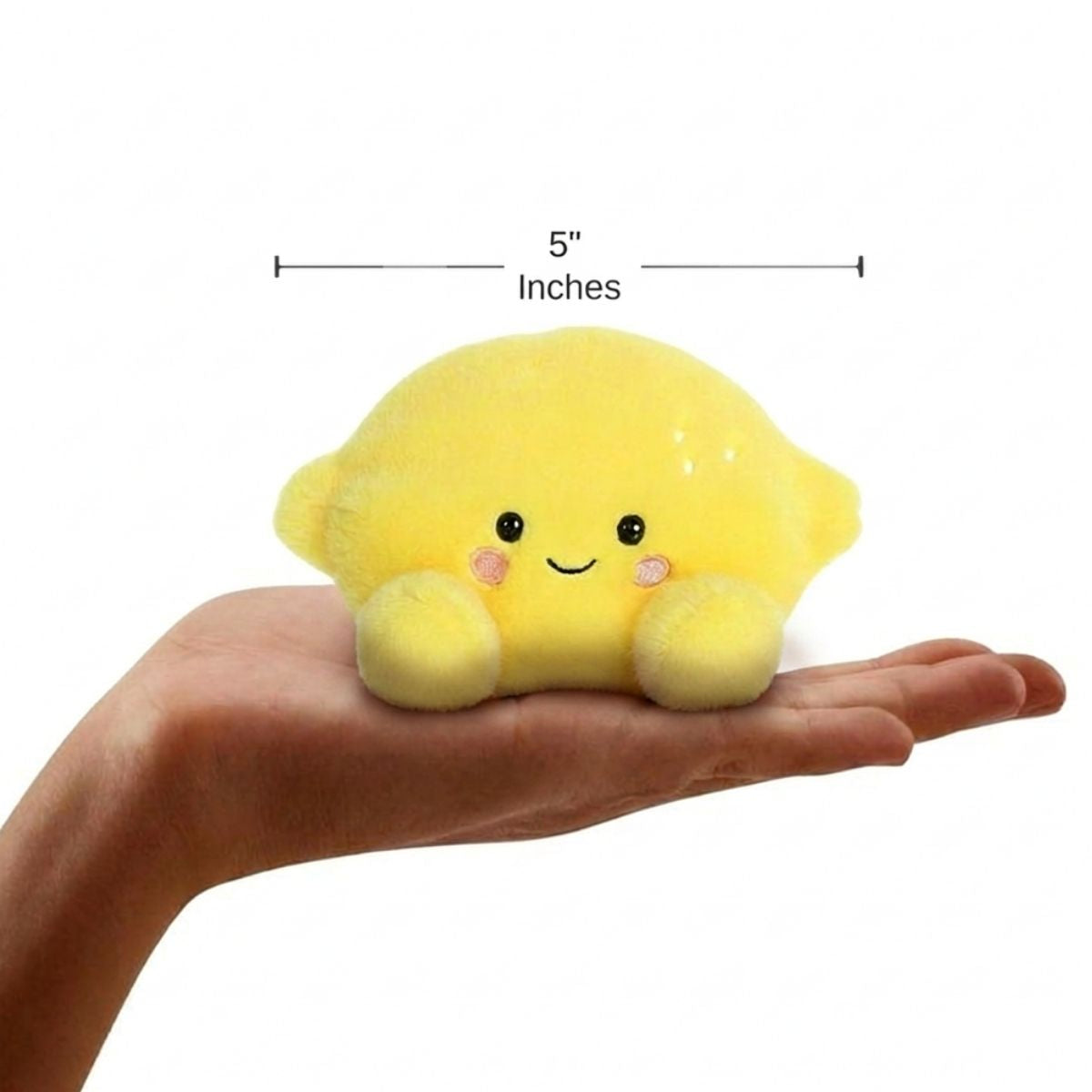 The miniature Yuzu Lemon plush sitting balanced in an open human hand under a 5-inch height graphic indicator.
