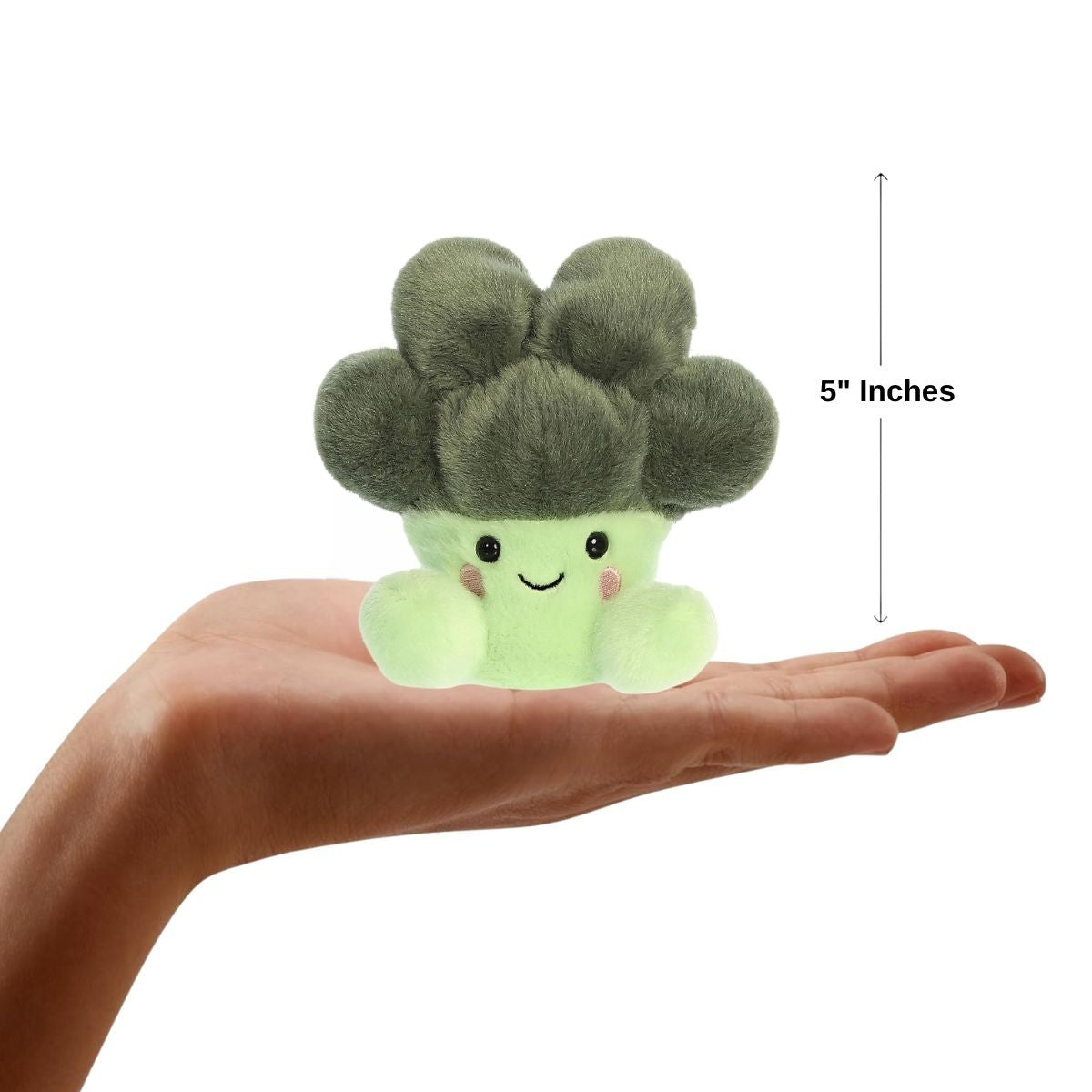 Sizing graphic showing the 5-inch Palm Pals Luigi Broccoli sitting perfectly in the palm of a person's hand to demonstrate its miniature scale.