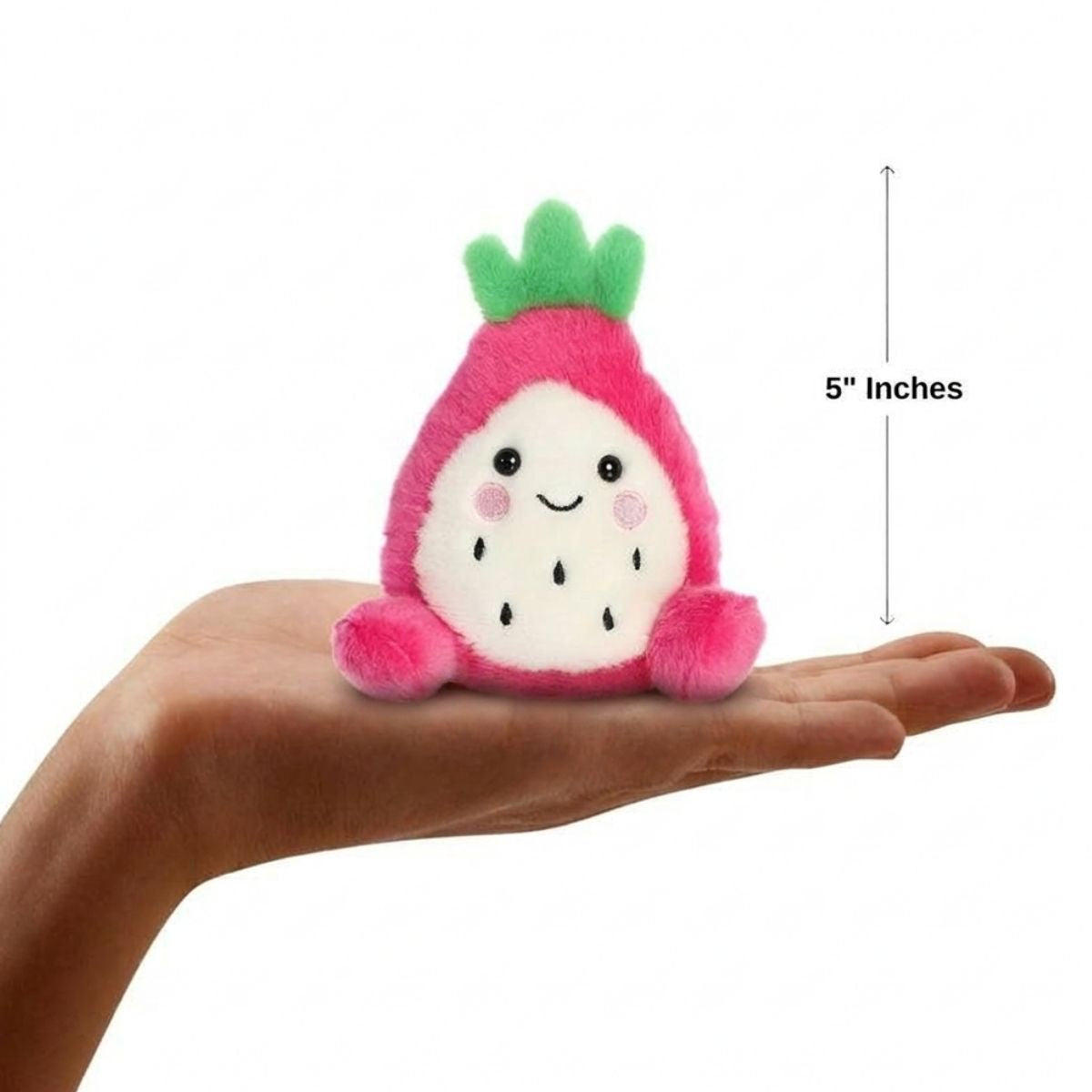 The miniature Rhys Dragon Fruit plush sitting balanced in an open human hand under a 5-inch height graphic indicator.