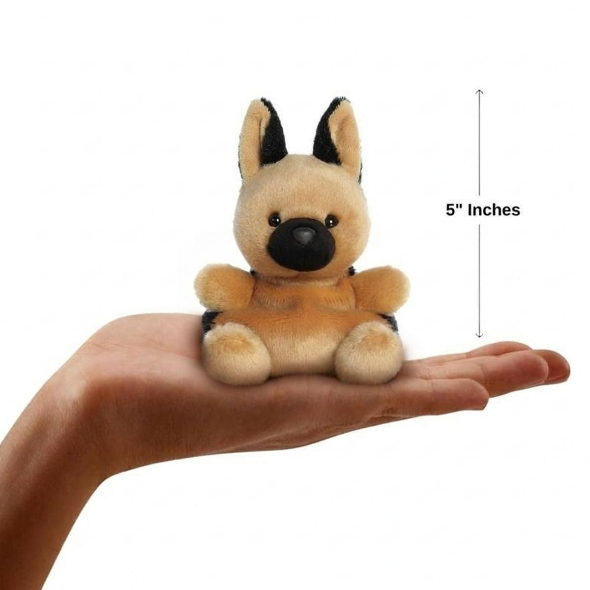 The miniature Hans German Shepherd plush sitting balanced in an open human hand under a 5-inch height graphic indicator.