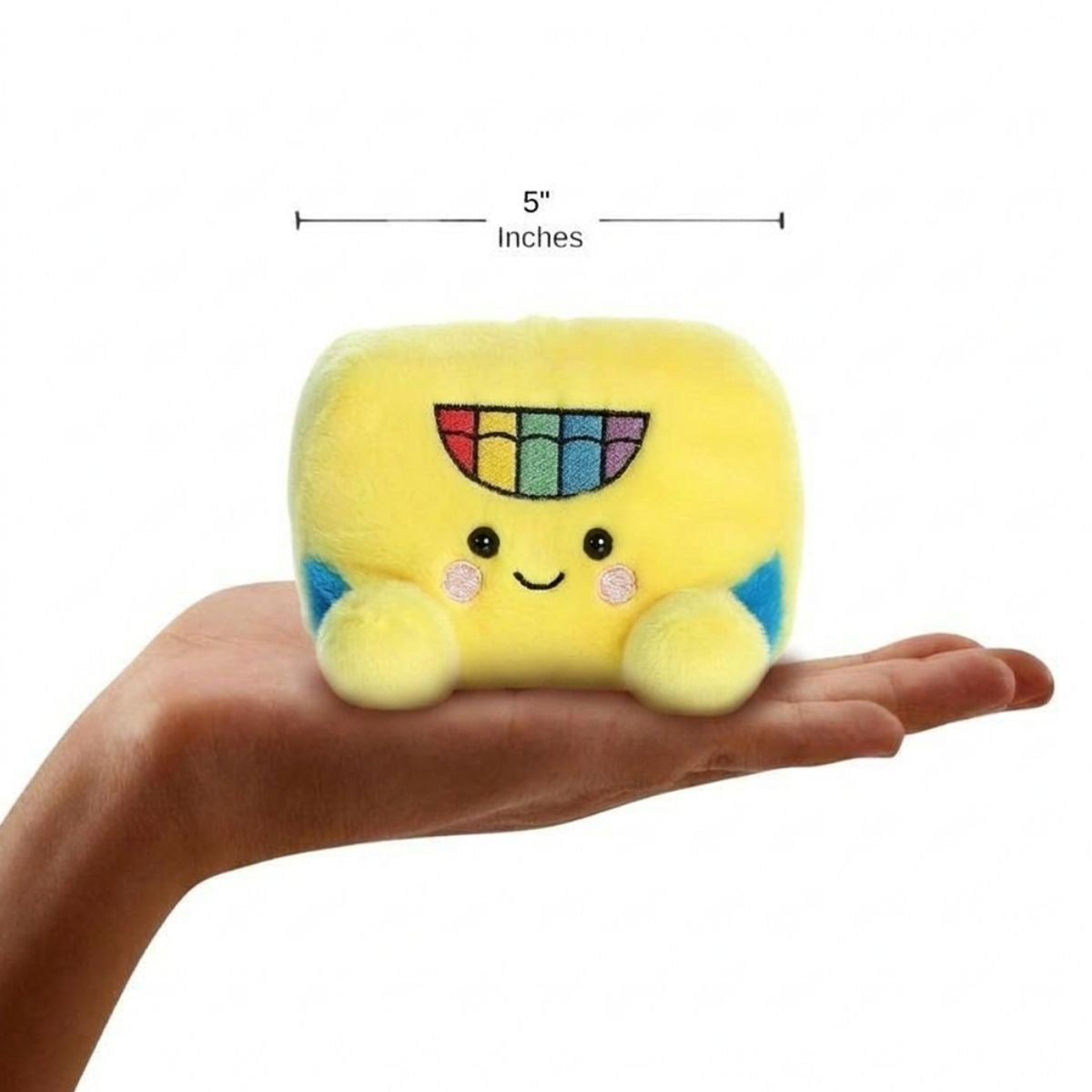The miniature Doodle Crayon Box plush sitting balanced in an open human hand under a 5-inch height graphic indicator.