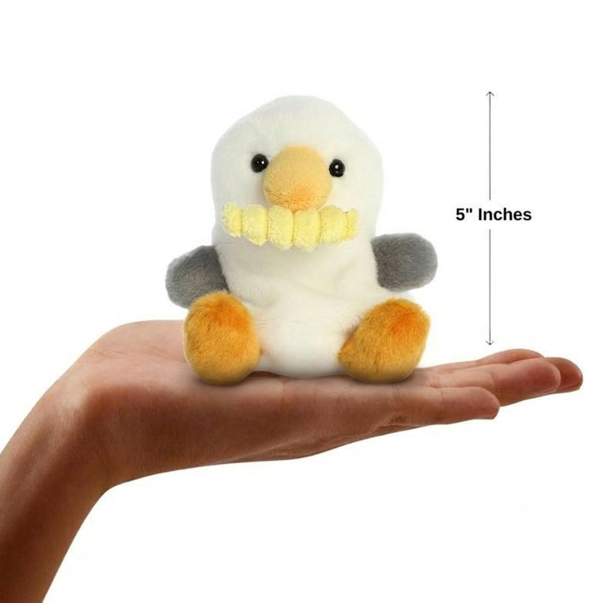 The miniature Buoy Seagull plush sitting balanced in an open human hand under a 5-inch height graphic indicator.