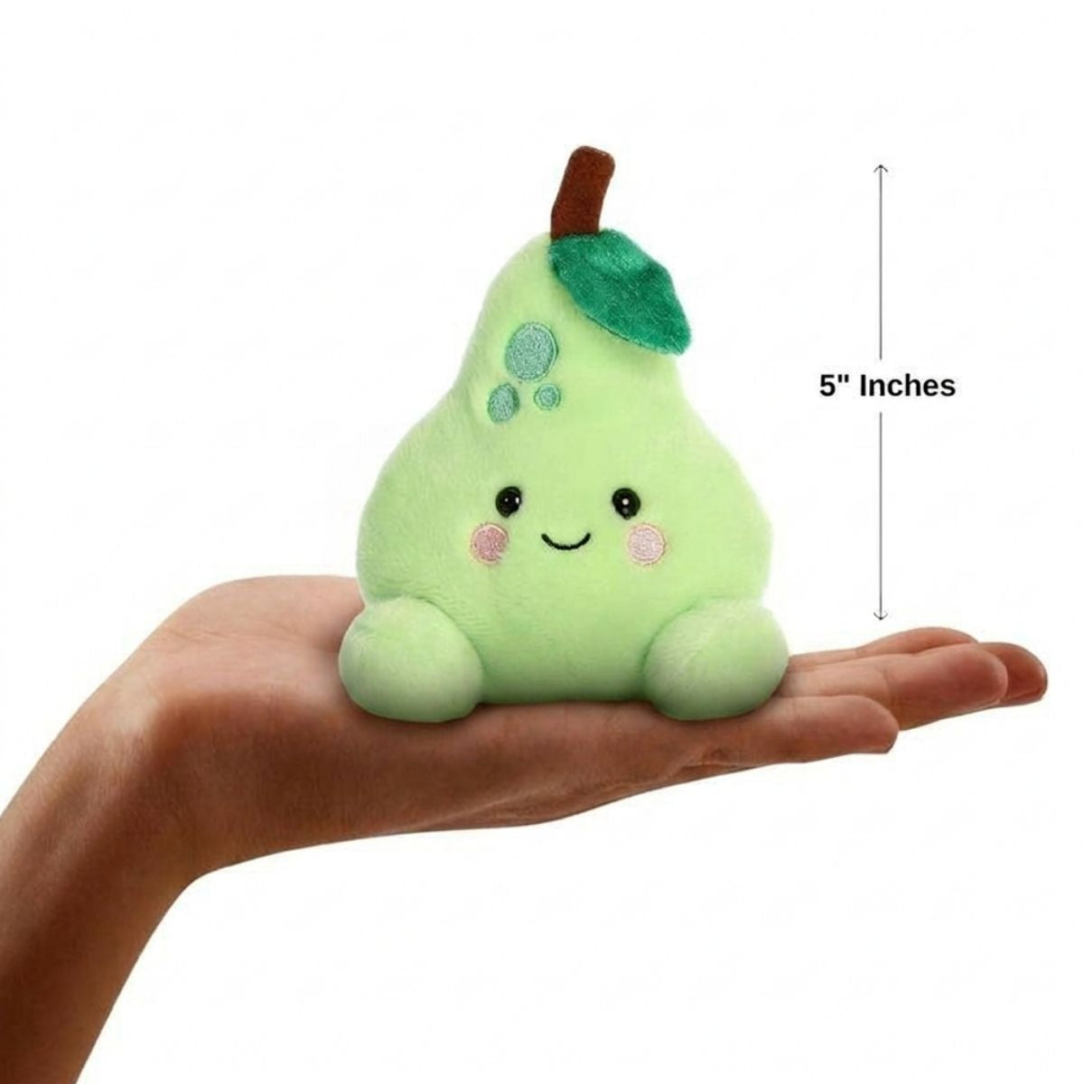 The miniature Bartlett Pear plush sitting balanced in an open human hand under a 5-inch height graphic indicator.