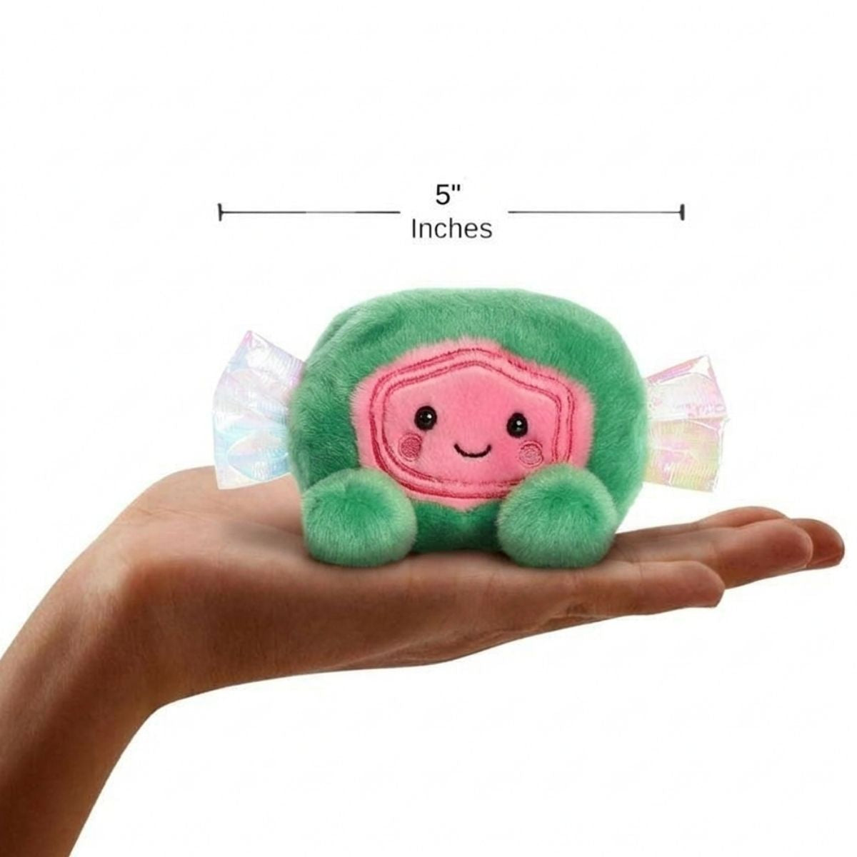 The miniature Jetty Saltwater Taffy plush sitting balanced in an open human hand under a 5-inch width graphic indicator.