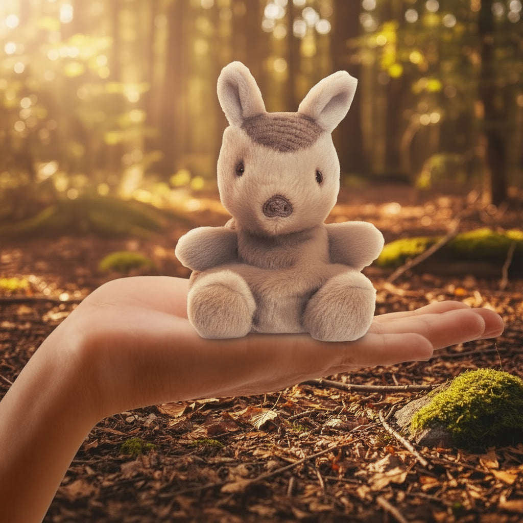 Small gray plush armadillo toy held in a hand with a measurement label indicating 5 inches.