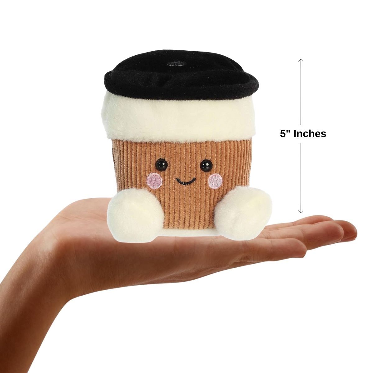 Dimension graphic showing the 5-inch Aurora Palm Pals Essie Coffee Cup resting comfortably in a person's hand.