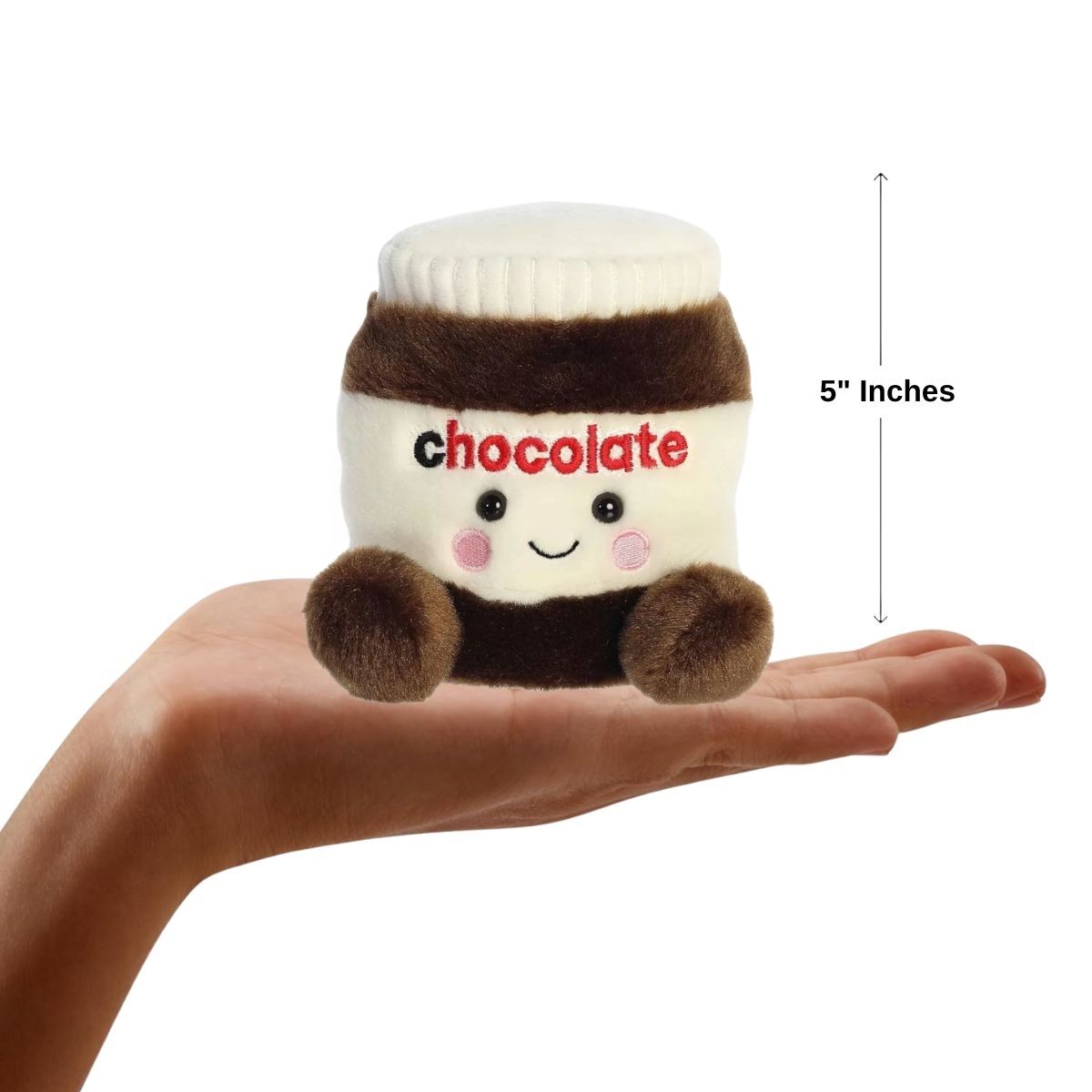 Dimension graphic showing the 5-inch Aurora Palm Pals Silky Chocolate Spread stuffed animal showing its embroidered text and smiling face.