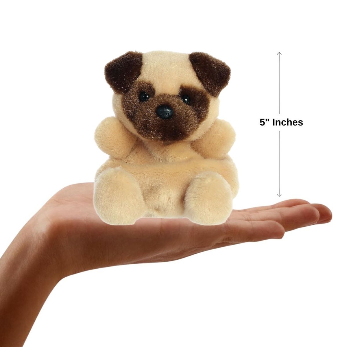 The miniature Frankie Pug plush sitting inside an open human hand displaying a 4.5-inch height indicator graphic.
