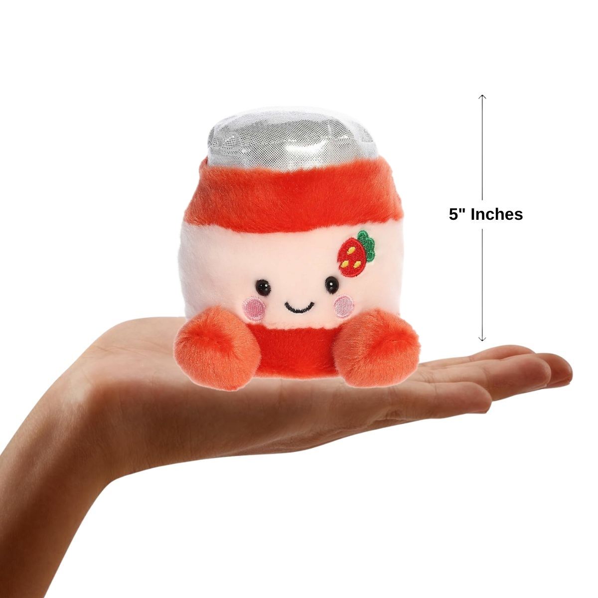 Front view of the mini jelly jar plush sitting balanced on a human hand with a dimension line indicating its 5-inch height.