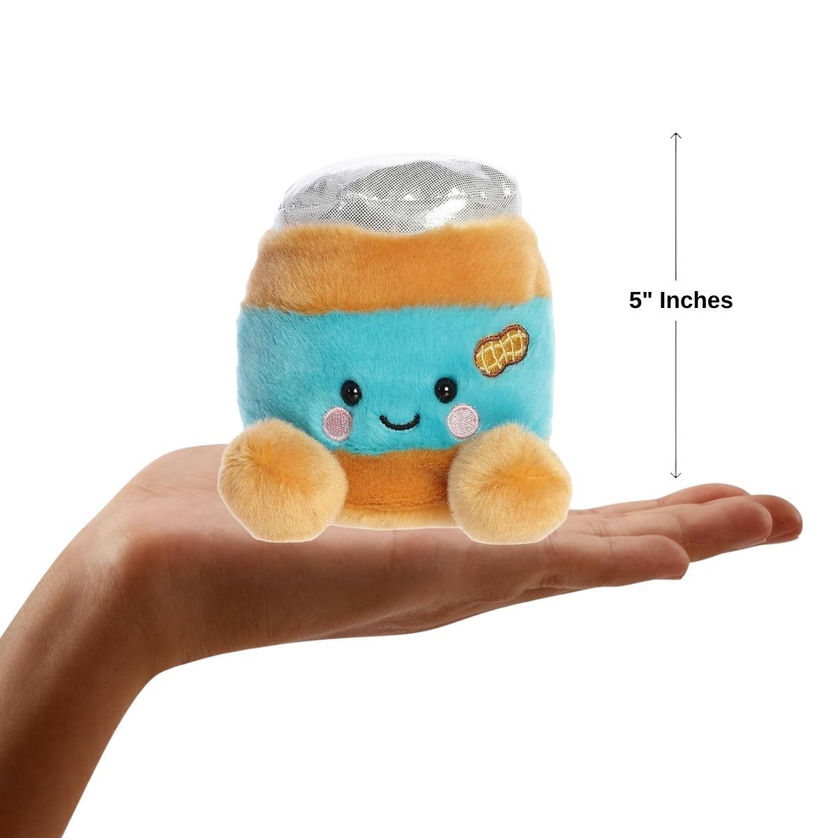 Dimension graphic showing the 5-inch Aurora Palm Pals Petey Peanut Butter resting comfortably in a person's hand.