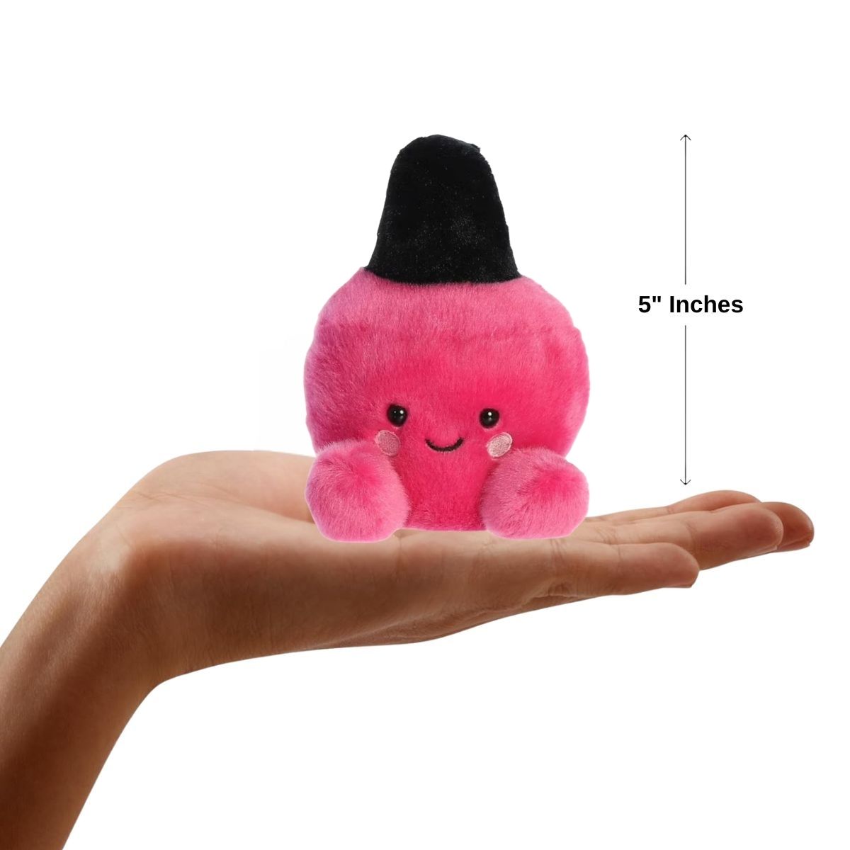 Front view of the mini nail polish plush sitting balanced on a human hand with a dimension line indicating its 5-inch height.