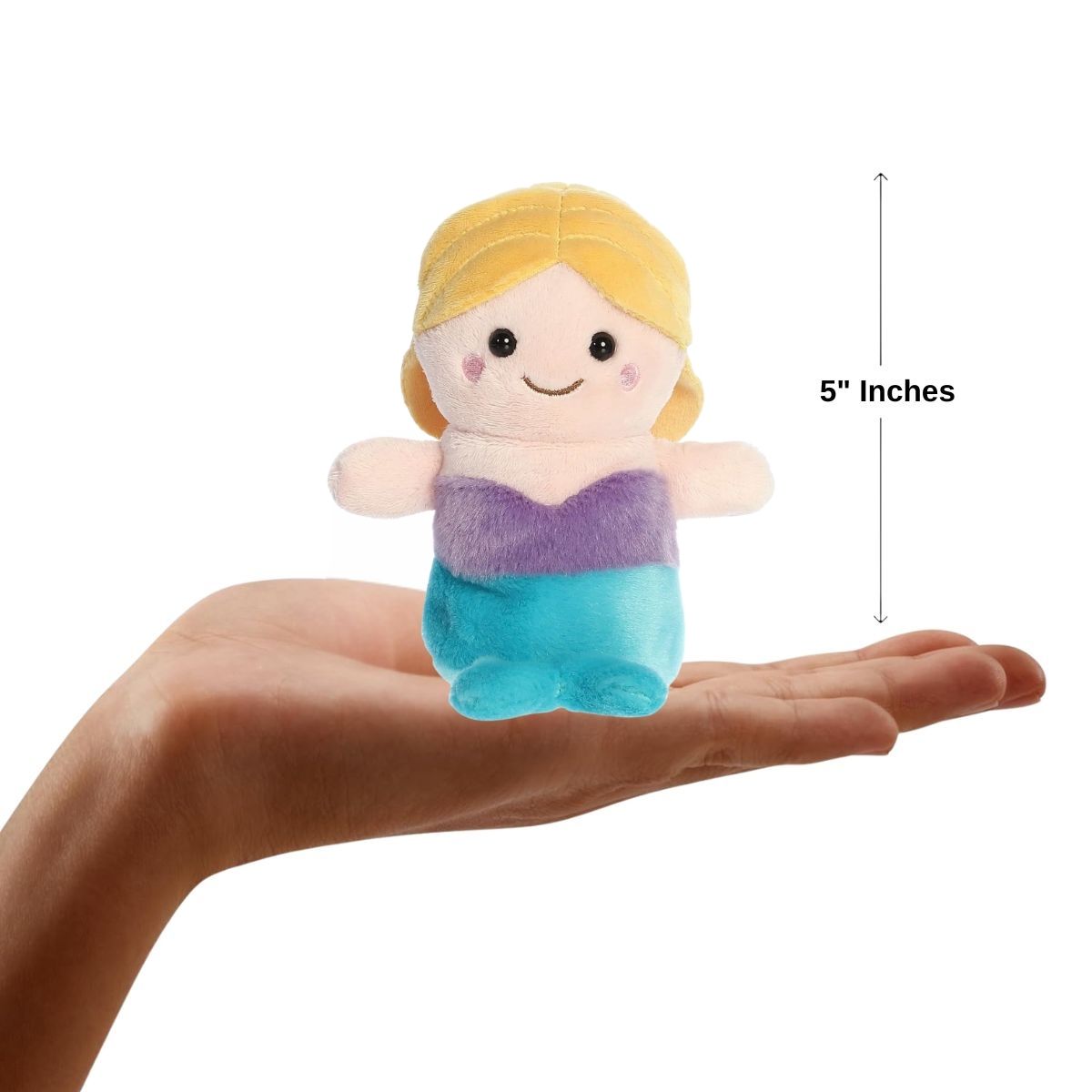 Front view of the mini mermaid plush sitting balanced on a human hand with a dimension line indicating its 5-inch height.