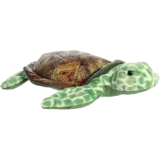 Side view thumbnail of the Splish Sea Turtle plush lying flat, highlighting its low profile, mottled green head, and brown shell.