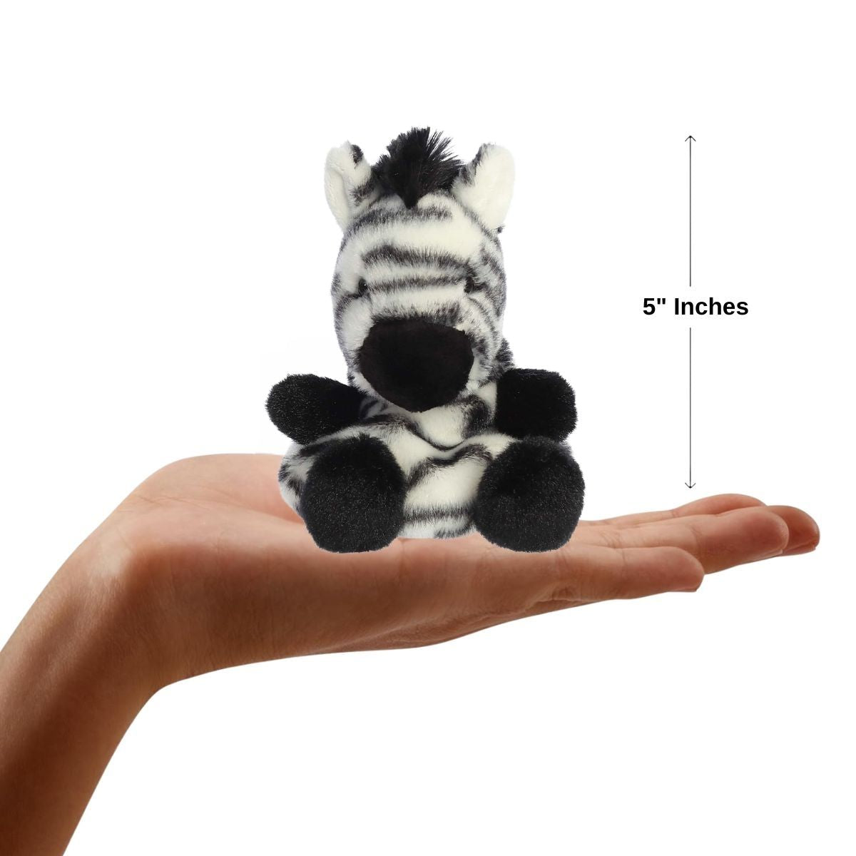 The miniature Grevy Zebra plush sitting inside an open human hand displaying a 5-inch height indicator graphic.